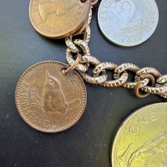 Vintage Mid Century Foreign Coin Charm Bracelet 1950’s 1960s World Travel 7″