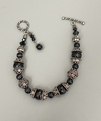 Vintage Silver Tone Metal & Onyx Black Beaded Toggle Bracelet Detailed 7”