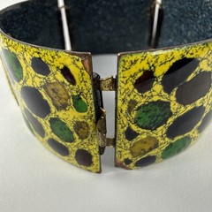 1950s 1970s MCM Enamel Copper Bracelet West Germany Mosaic Pattern Green Yellow