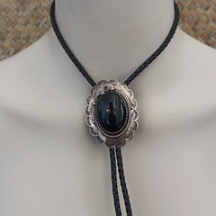 Western Bolo Tie Black Onyx Sterling Silver Cowboy Cowgirl Statement Handmade