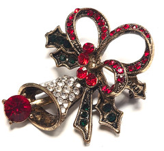Modern Festive Rhinestone Christmas Holly Dangle Bell With Ribbon Pin / Brooch