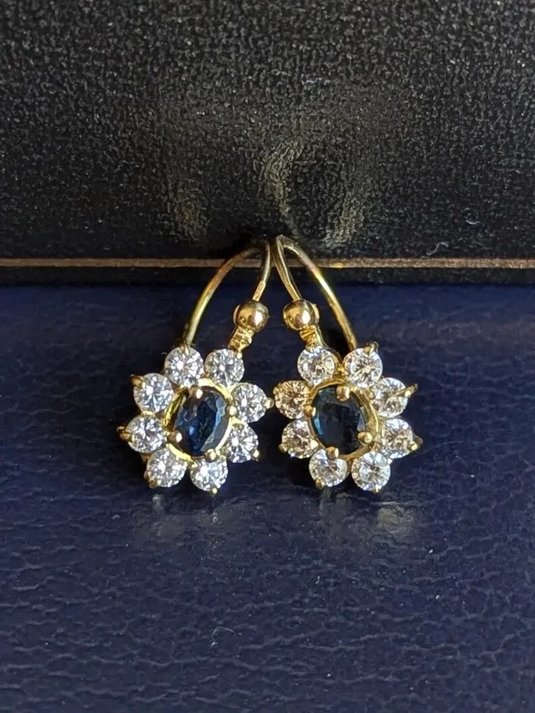 14K Yellow Gold Finish Vintage Flower Dangle Earrings Round Lab Created Sapphire