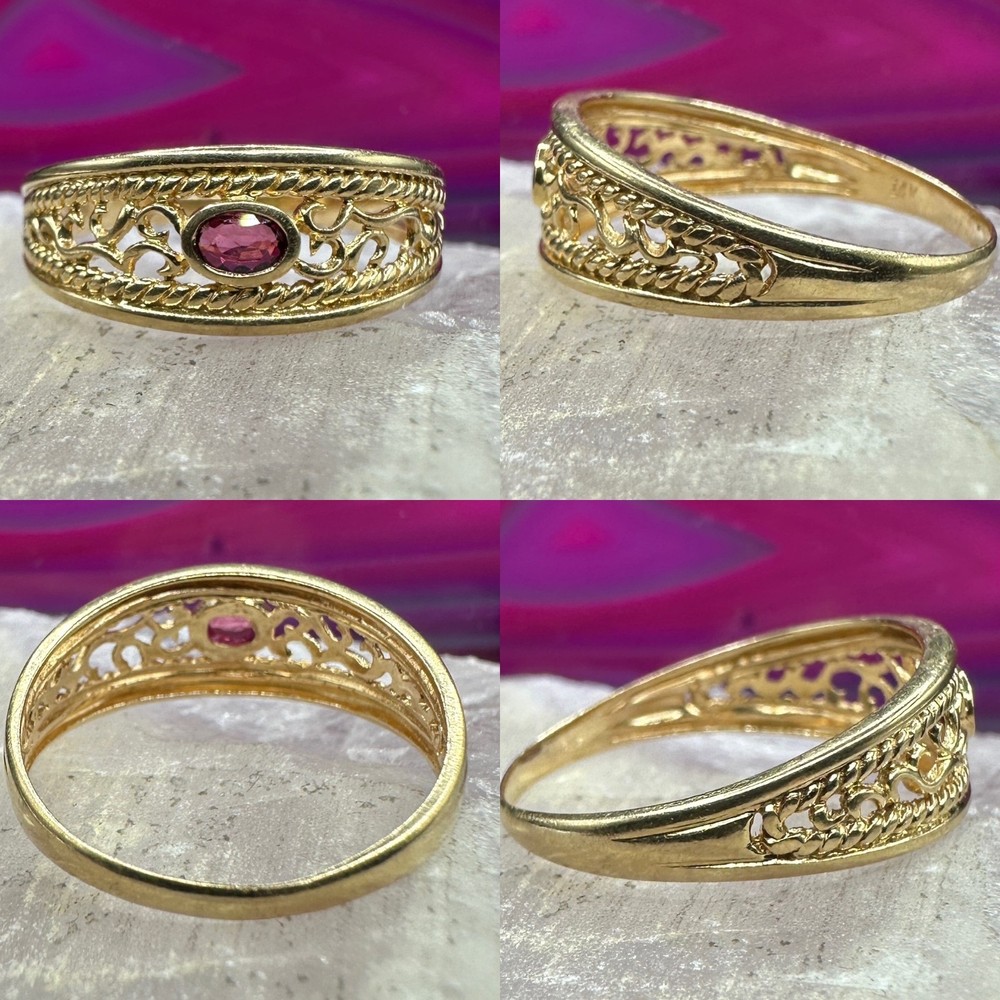 Garnet Filigree Band Ring Vintage 14K Yellow Gold Size 7.5