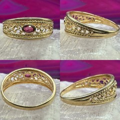 Garnet Filigree Band Ring Vintage 14K Yellow Gold Size 7.5