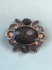 Acrylic Faceted Black Oval w Ornate Floral Silvertone Frame & Clear Rhinestone