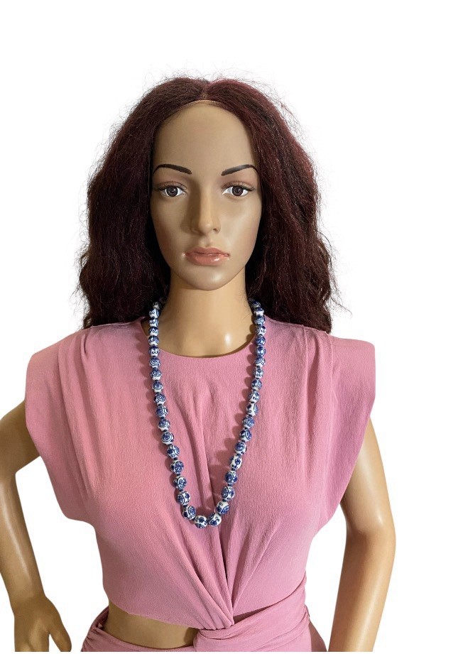 VTG Oriental Blue& White Porcelain Knotted Beaded Necklace 29in