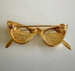 VTG Clear Rhinestone Gold Tone Enamel Cat Eye Glasses Brooch Pin