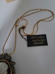 Vntg Cameo .925, marcasite, onyx, MOP pendant w/ new .925 goldplated chain.