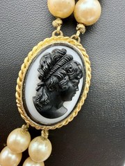Vintage Double Strand Faux Pearl Cameo Necklace Black White Resin Cameo