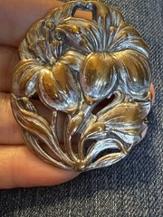 Vtg Art Nouveau Lily Flower Large St Anthony Religious Silver Copper Oval Brooch