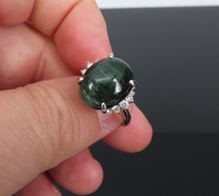 8.05ct Natural Cat’s Eye Green Tourmaline 0.26ct Diamond Platinum Ring Size 6.75
