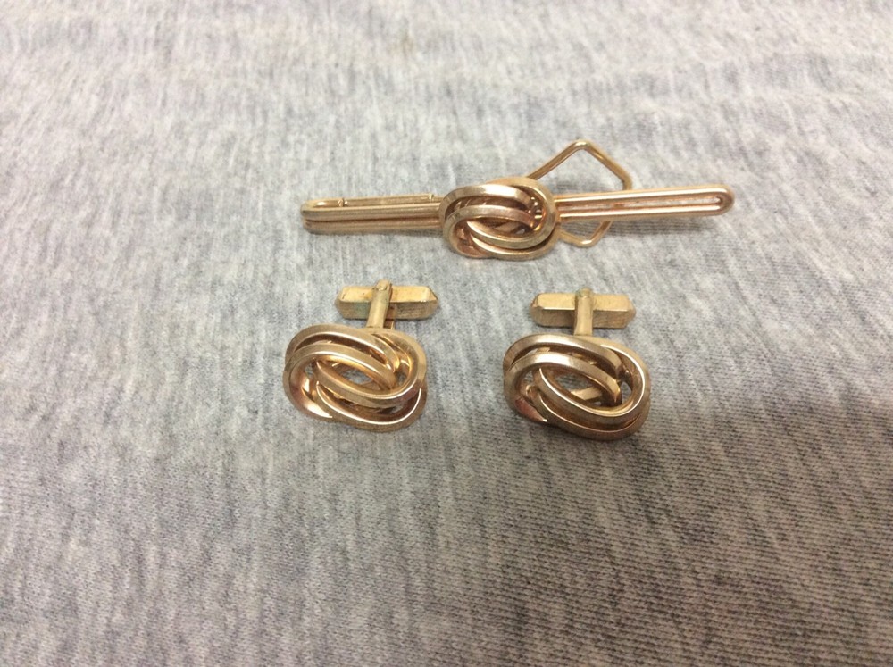 Vintage Swank Gold Tone Love Knot Cufflinks & Tie Bar Set