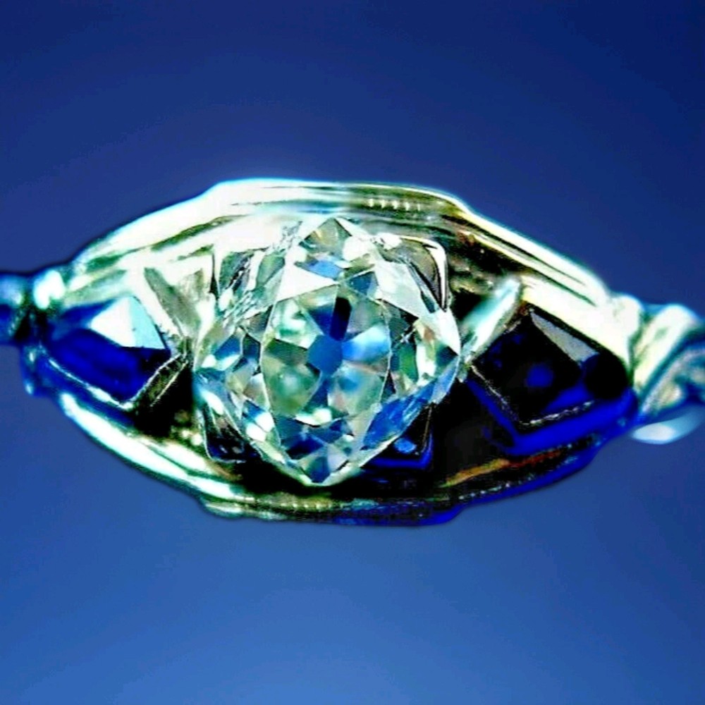 Original EARTH MINED DIAMOND Deco Engagement Ring Solid 18K WHITE GOLD Solitare