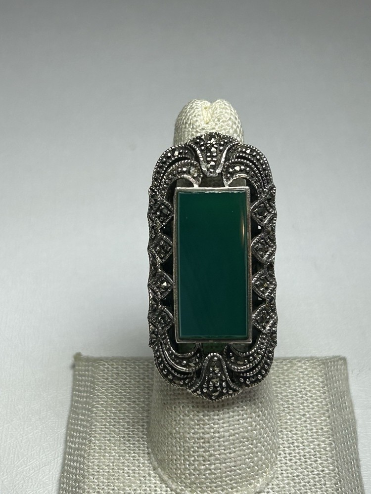 Huge Vintage Art Deco 925 Sterling Silver Green Marcasite Gemstone Ring