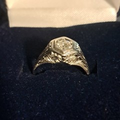 Vintage Style Filigree Hexagon Ring, white gold, Round White/Colorless Stone