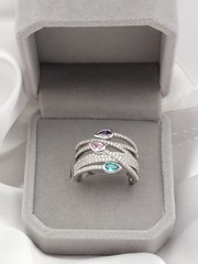 Vintage PJM 6Band Sterling Crystal Muti Color Pear Cut Gemstones Ring 5.9Gr Sz8