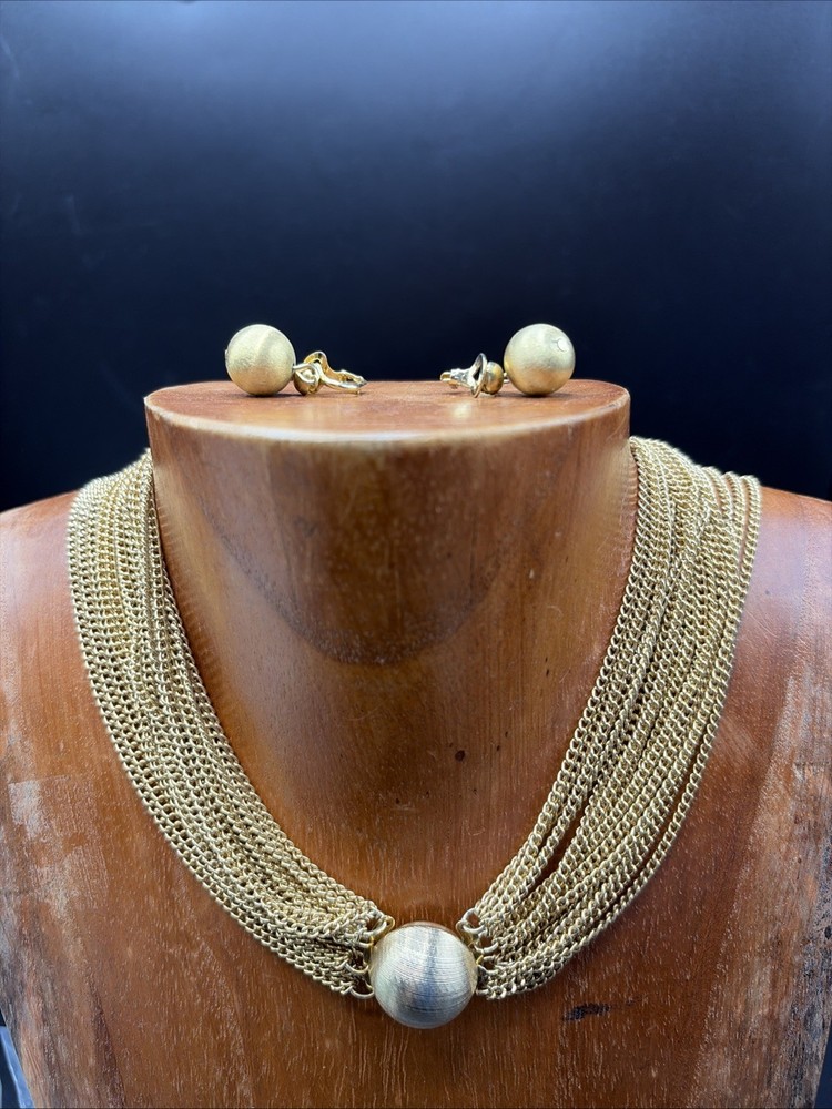 Vtg Estate Gold Brush Tone Multi Strand Necklace & Earrings Jewelry Set 12”L MCM