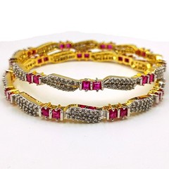 Designer Ruby & Cubic Zirconia Bangle Set Handmade 22K Gold Plated Ethnic Style