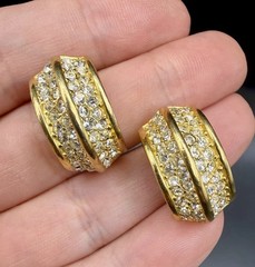 Vintage Christian Dior Pavé Rhinestone Gold Plated Half Hoop Clip Earrings