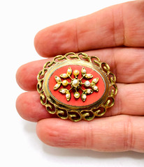VTG Coro Faux Pearl Salmon Color Enamel Filigree 1950s 1960s Brooch