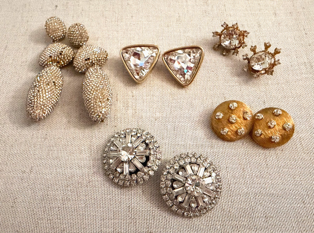 5 Pair Signed & Unsigned Gold & Rhinestone Earrings, Bauble Bar, Marvella, SAL