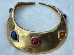 RARE VTG LES BERNARD Gold Tone Faux Gemstone Rhinestones RUNWAY Collar Necklace