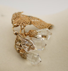 Antique Vintage Gilt Filigree Brooch Cut Crystal Drop European Design Statement