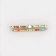 Vtg Multi Stone Inlay Panel Watch (works) Bracelet Set Chinese Symbol Good Luck