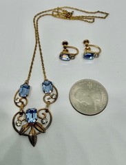 Vintage MCM Van Dell Gold Filled Blue Rectangle Crystal Necklace & Earrings Set