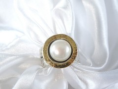Modernist Sterling Silver 925 w 14K Gold Chunky Pearl Ring FITS Size 6.5