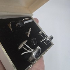 Vintage Black Glass Silver Tone Cufflinks Tie Bar Tie Tack Set In Box Mens Gift