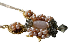 Vintage Genuine Pink Pearls, Crystal & Rose Quartz Wired Filigree Necklace~16″