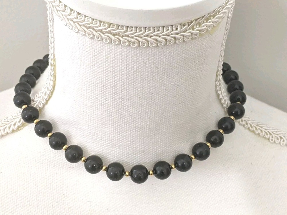 Monet Necklace Black & Gold Tone Beads Signature Tag 16″ Choker Extended 1990s
