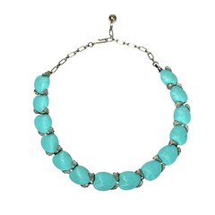 Vintage Turquoise Blue Lucite Sea SHELLS Silver Metal Link Choker Necklace