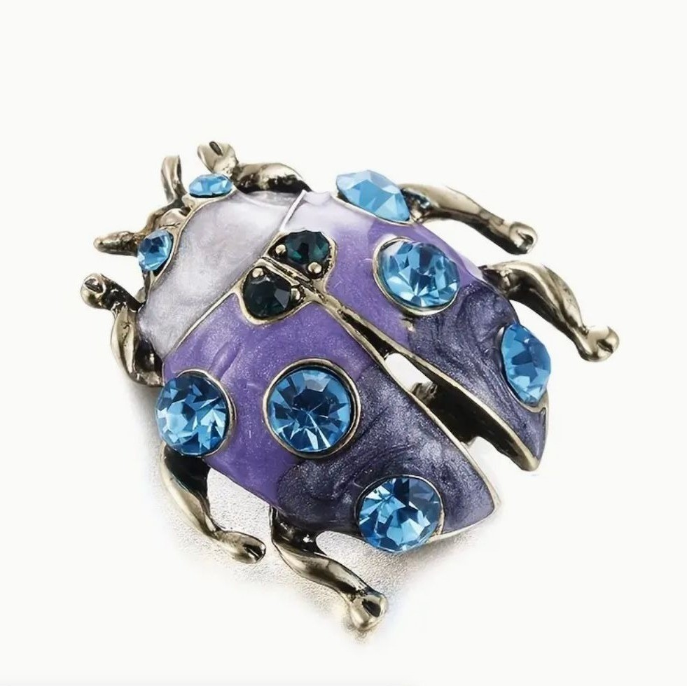 Lavender Violet Enamel Beetle Blue Crystals Gold Tone