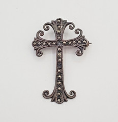925 Marcasite Cross Brooch Pendant 1.75in Sterling Silver w Patina VTG FLAW