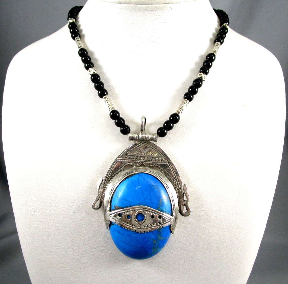 Untested Sterling Tuareg Berber Turquoise N Africa Black Beaded Necklace 1053