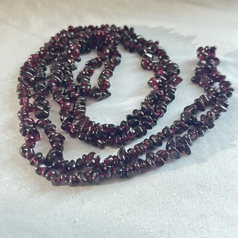 Almandine Garnet Chip Necklace 36” Purple Red Gemstone Beads Opera Length