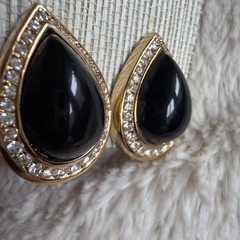 CHRISTIAN DIOR VINTAGE SIGNED TEARDROP SHAPE BLACK & RHINESTONES CLIP EARRINGS