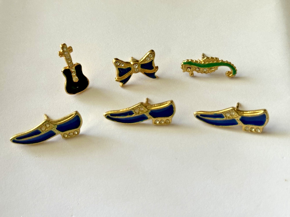 Assorted Gold Toned Enamel Pins (Guitar, Bow, Seahorse, and Shoes)