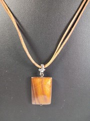 Rectangle Tiger Eye Brown Shell Penadant Necklace Brown Leather Cord 925 Silver