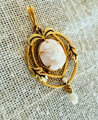 Antique 10K Gold Shell Cameo Pendant Black Enamel Pearl Drop Victorian Style