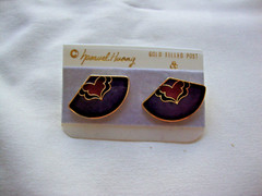 VINTAGE SAMUEL HUANG CLOISONNE RETRO ABSTRACT FAN RED BLACK & PURPLE EARRINGS