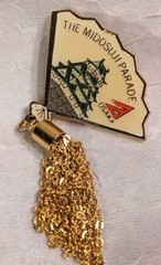 Signed Pinback Japanese Fan Gold Tone Osaka Midosuji Parade Tassels Enamel Vtg