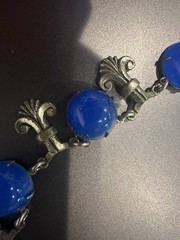 Vintage Cobalt Blue Glass Cabochon Fleur de Lis Silver Tone Link Necklace