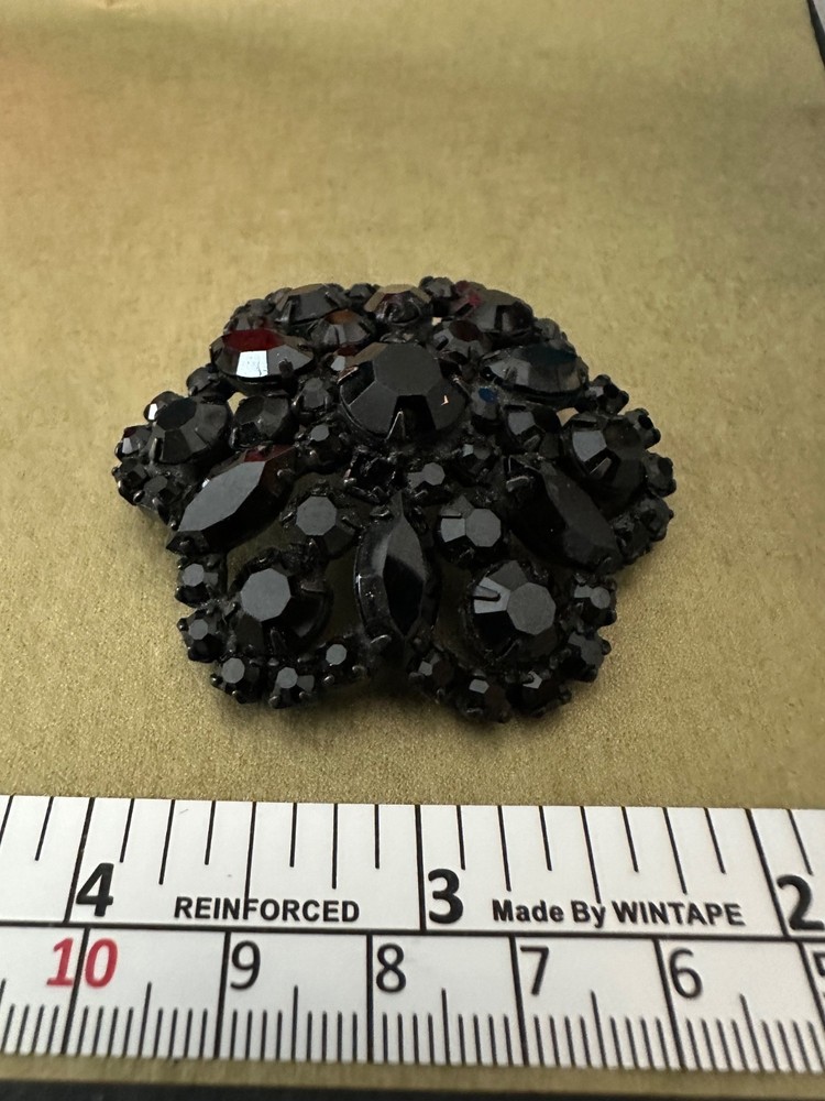 Vintage Jet Black Rhinestone Domed Flower Brooch