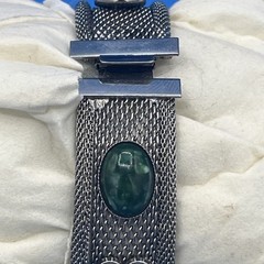 Vintage Silver Tone Filigree Mesh Bracelet Green Cabochon Stones Ornate Design