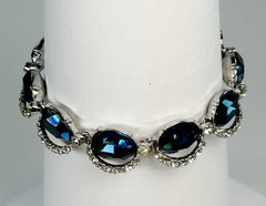 Vintage Blue Crystal and Clear Rhinestone Bracelet Silver Tone Fold-over Clasp