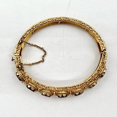 VTG Sydney Berman 13k Yellow Gold Ornate Almandine Garnet 6.5″ Bangle Bracelet