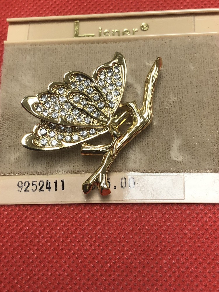 VINTAGE LISNER NOS GOLD TONE CLEAR RHINESTONES BUTTERFLY BROOCH PIN